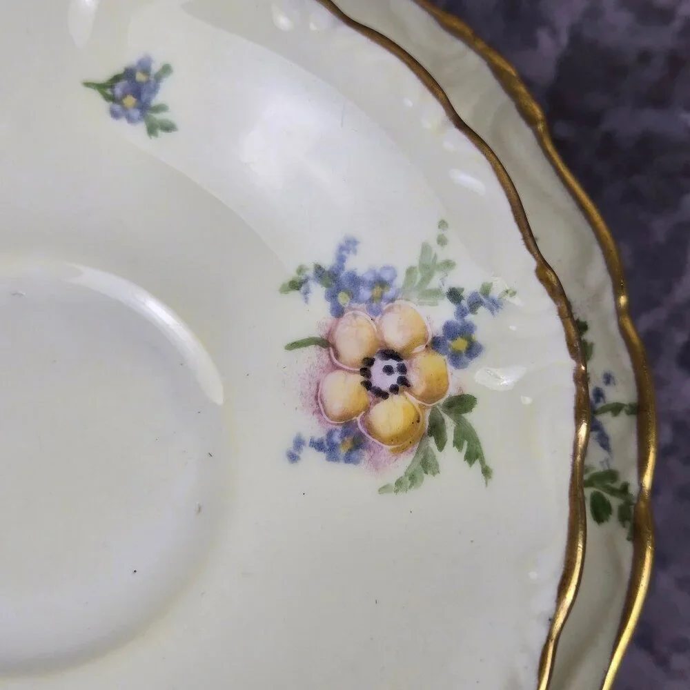 Vintage Porcelain 3 Piece Set Cup, Saucer, Snack Plate Floral Pattern Gold Trim